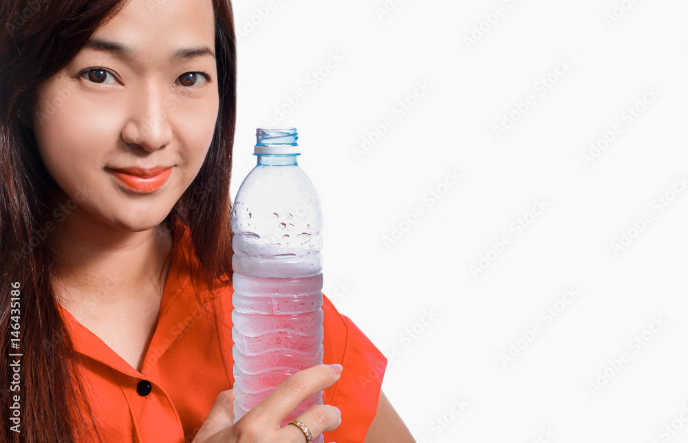 asian beautiful woman showing pure water bottle, isolated on white asian beautiful woman showing pure water bottle, isolated on white