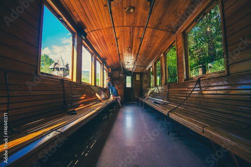 Obraz na plátně Retro wooden railway carriage at station of Serbia.