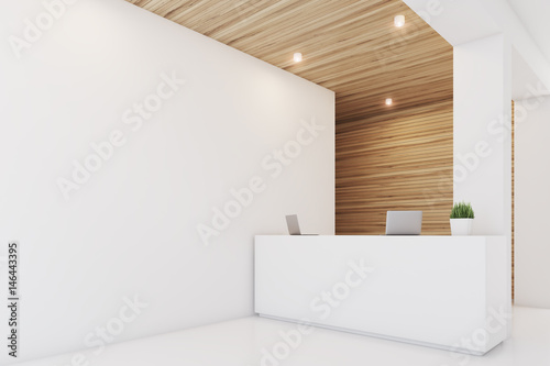 Light wooden reception, armchair, side photo