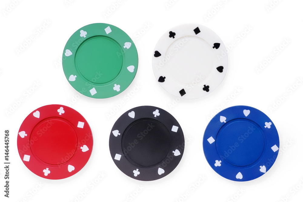 Five colored poker chips set. Without labels, isolated on white. Five colored poker chips set. Without labels, isolated on white.