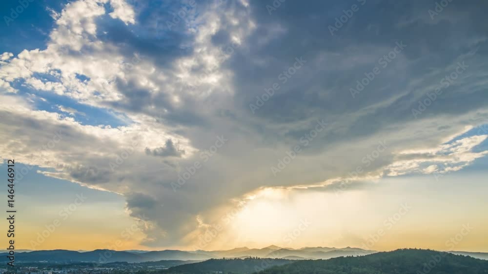 Glowing sky with clouds flying above mountains, heavenly sunrise, timelapse Glowing sky with clouds flying above mountains, heavenly sunrise, timelapse