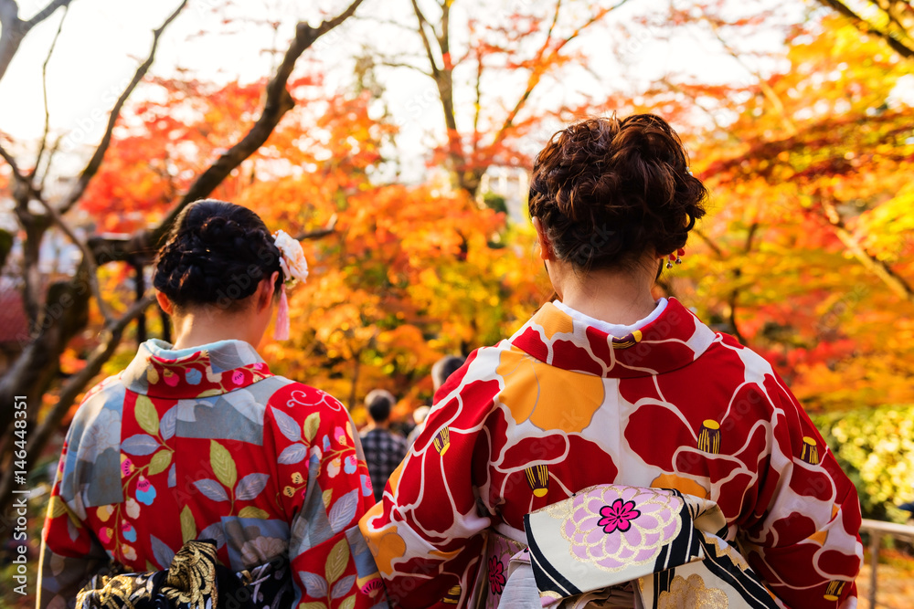 Japanese Kimono girls in Eikando, Kyoto