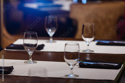 Glasses wine on table in sushi restaurant Serving in the restaurant on the table