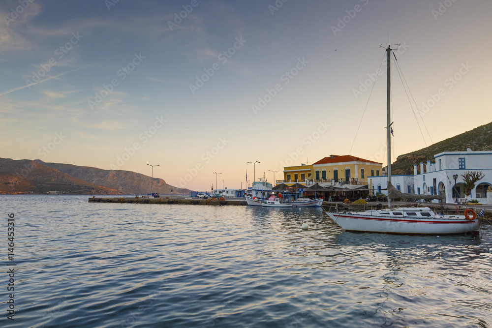 Port of Agia Marina village on Leros island in Greece early in the morning. 
