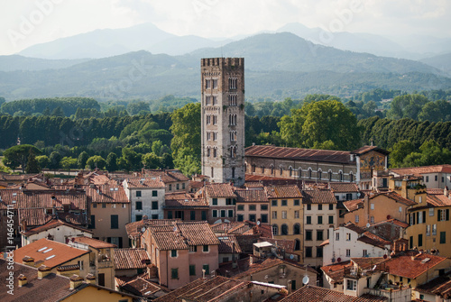 Red roofs and Tower of Basilica of San Frediano of Lucca