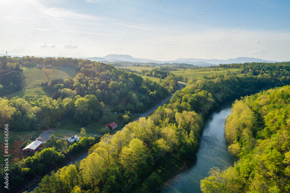 Aerial view of the Maury River and Blue Ridge Mountains, in Buena Vista, Virginia.