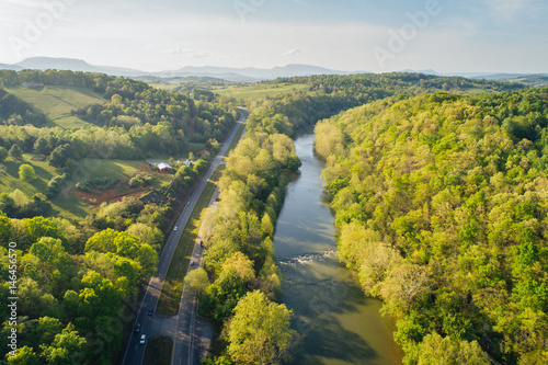 Aerial view of the Maury River and Blue Ridge Mountains, in Buena Vista, Virginia. photo