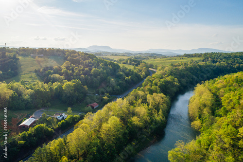 Aerial view of the Maury River and Blue Ridge Mountains, in Buena Vista, Virginia.