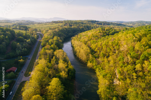 Aerial view of the Maury River and Blue Ridge Mountains, in Buena Vista, Virginia. photo