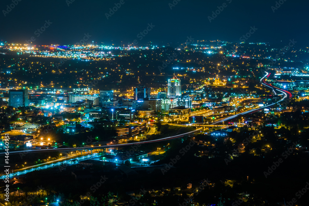 View of the downtown Roanoke skyline at night, from Mill Mountain in Roanoke, Virginia.