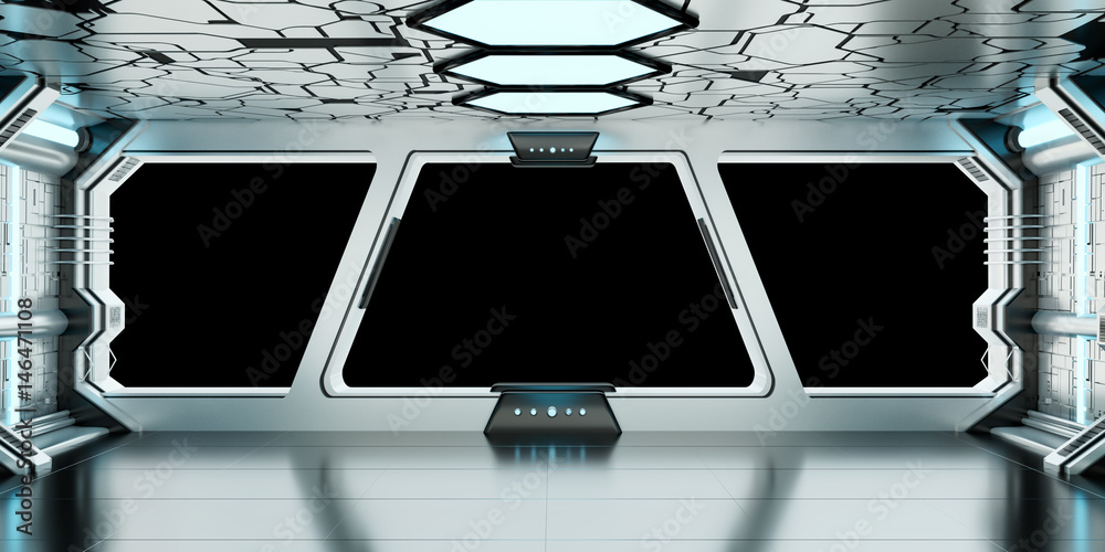 Naklejka premium Spaceship blue and white interior 3D rendering