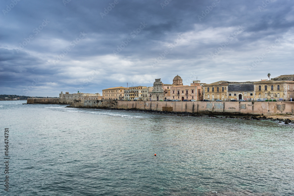 Aerial view of Ortygia isle on Ionian Sea, Syracuse city, Sicily Island in Italy