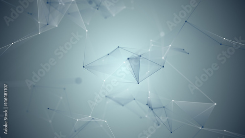 abstract background. Triangles, dots and lines are connecting with shine on blur background.
