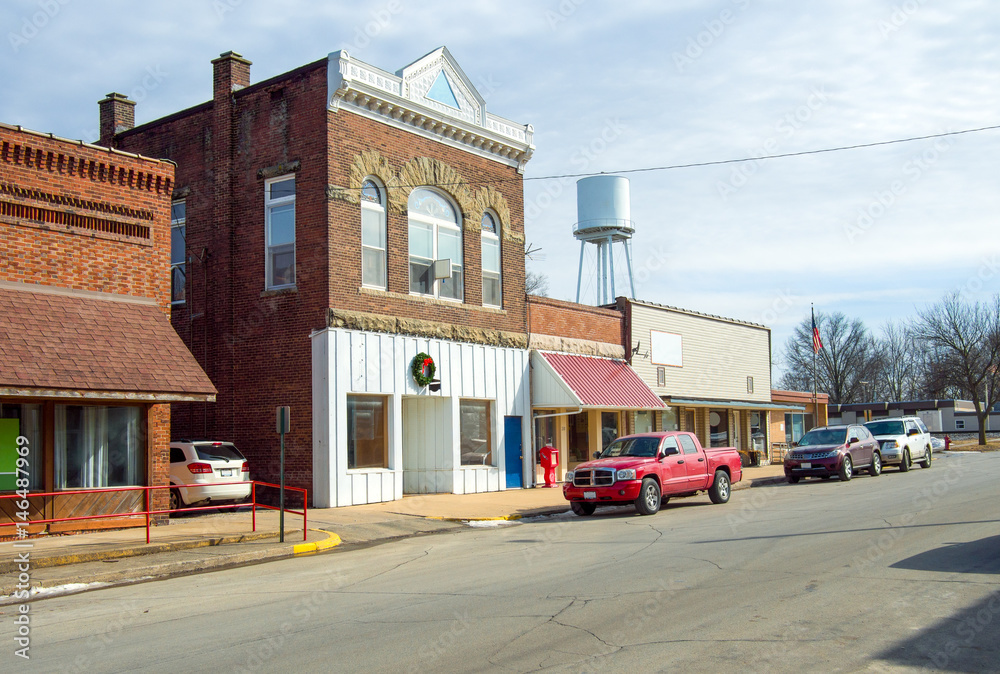 Small town USA midwest main street commercial buildings and storefronts