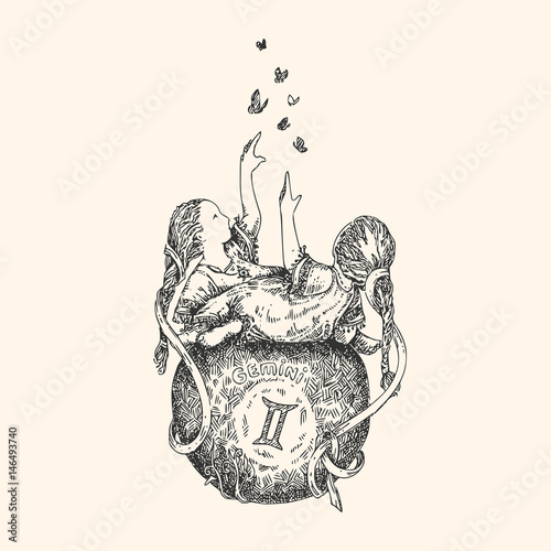 Vintage sign of zodiac. Gemini. Vector illustration.
