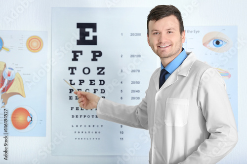 Male ophthalmologist pointi...