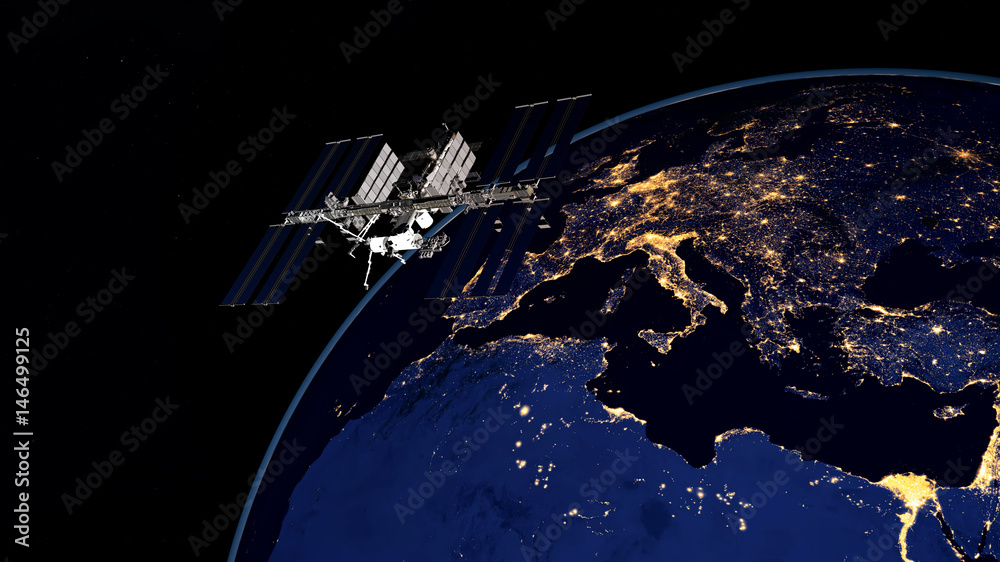 Extremely detailed and realistic high resolution 3D image of ISS - International Space Station orbiting Earth. Shot from space. Elements of this image are furnished by Nasa.