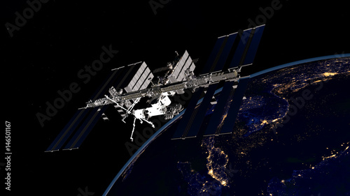 Fototapeta Naklejka Na Ścianę i Meble -  Extremely detailed and realistic high resolution 3D image of ISS - International Space Station orbiting Earth. Shot from space. Elements of this image are furnished by Nasa.