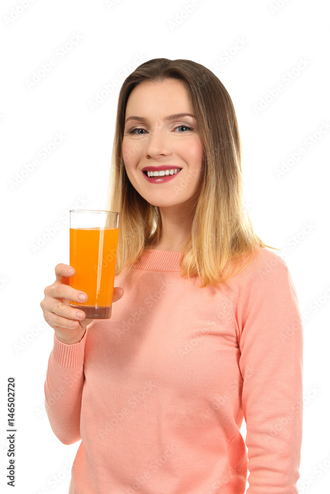 Beautiful woman with glass of fresh juice on white background Beautiful woman with glass of fresh juice on white background