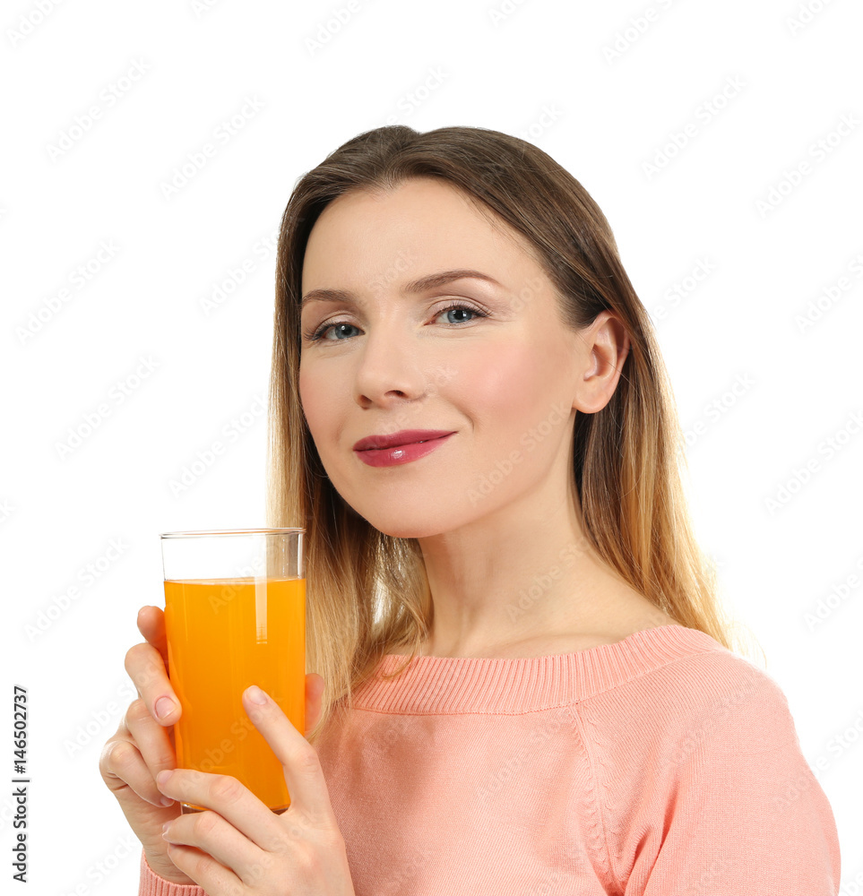 Beautiful woman with glass of fresh juice on white background Beautiful woman with glass of fresh juice on white background
