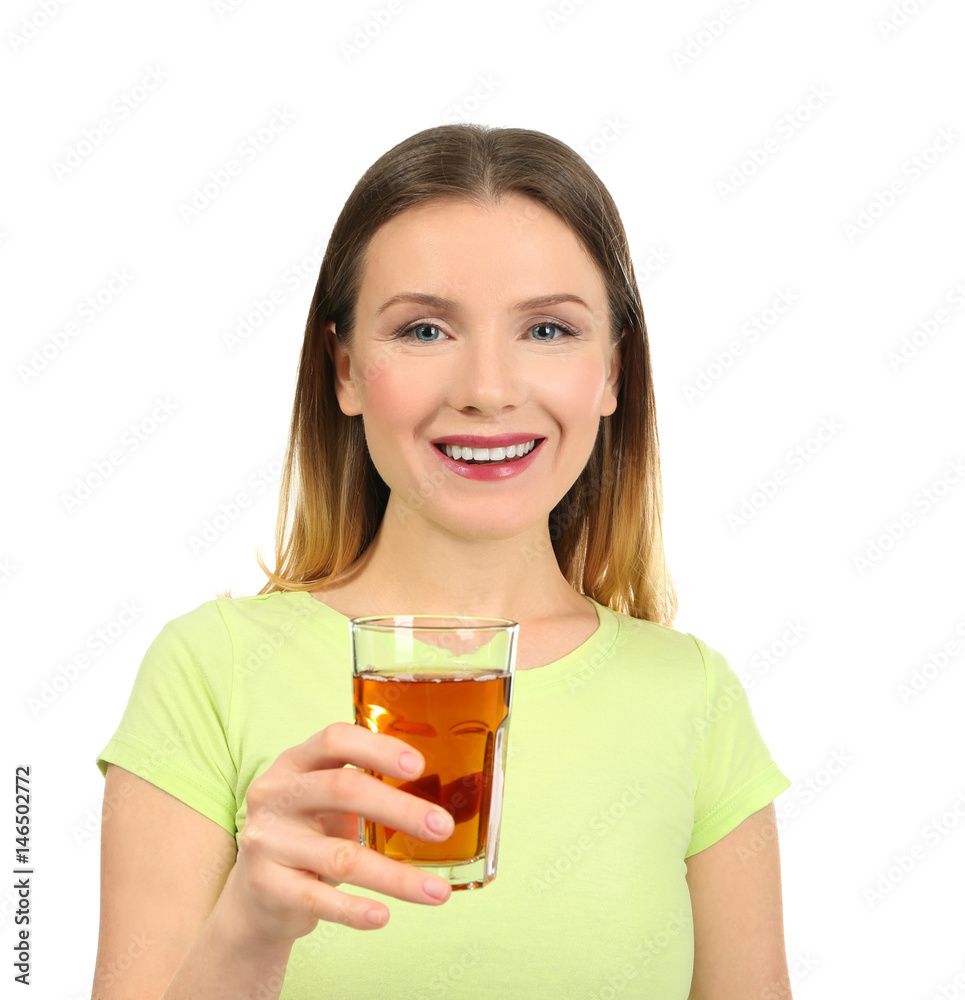 Beautiful woman with glass of fresh juice on white background Beautiful woman with glass of fresh juice on white background