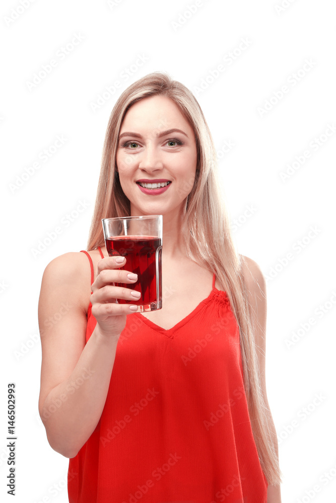 Beautiful young woman with glass of fresh juice on white background Beautiful young woman with glass of fresh juice on white background