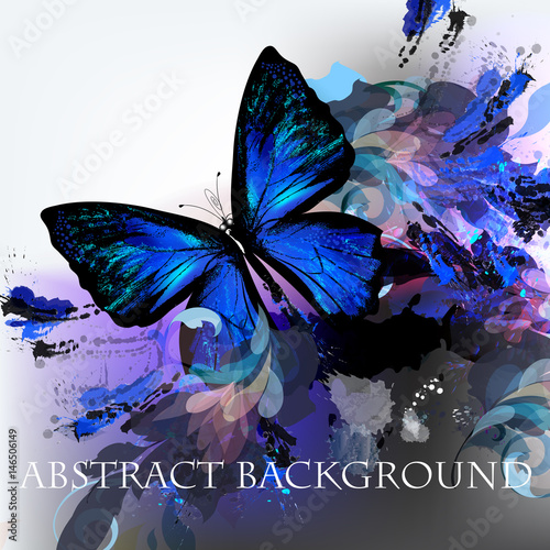 Abstract vector background with ink colored spots and blue butterfly