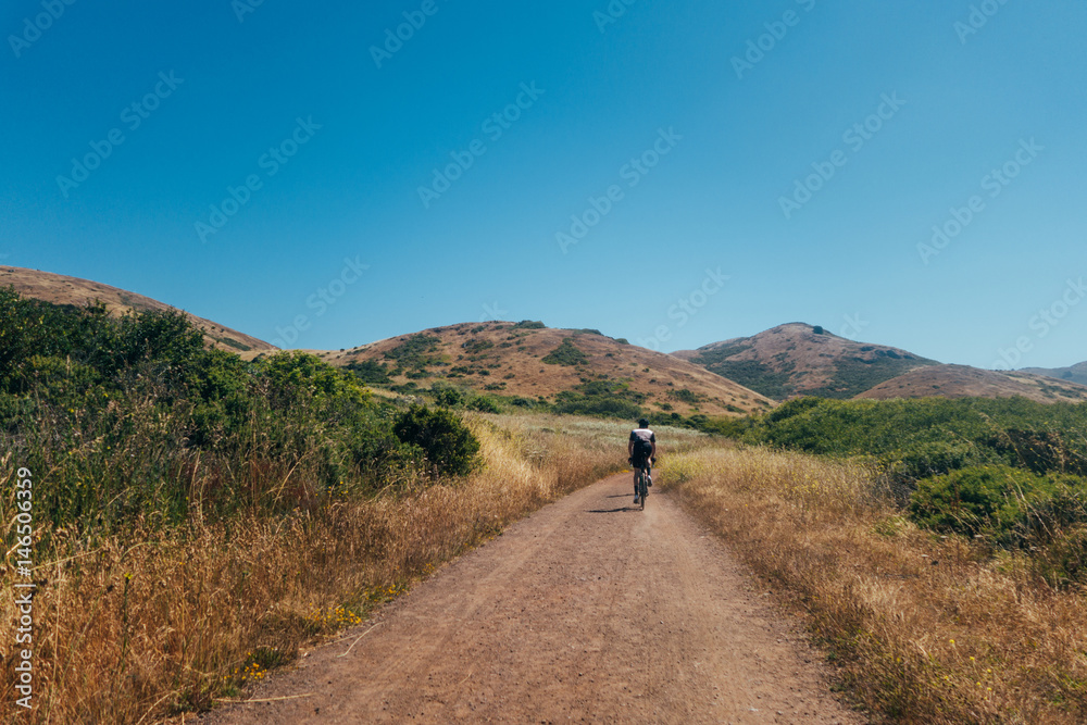 Fototapeta premium Tall lean cyclist riding dirt trails mountain bike in tall dry yellow, green grass, rolling hills of marin county, northern california and blue clear no cloud sky.
