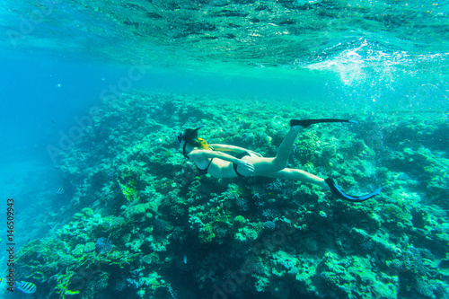 Beautiful coral reef with young freediver woman, underwater life. Copyspace for text