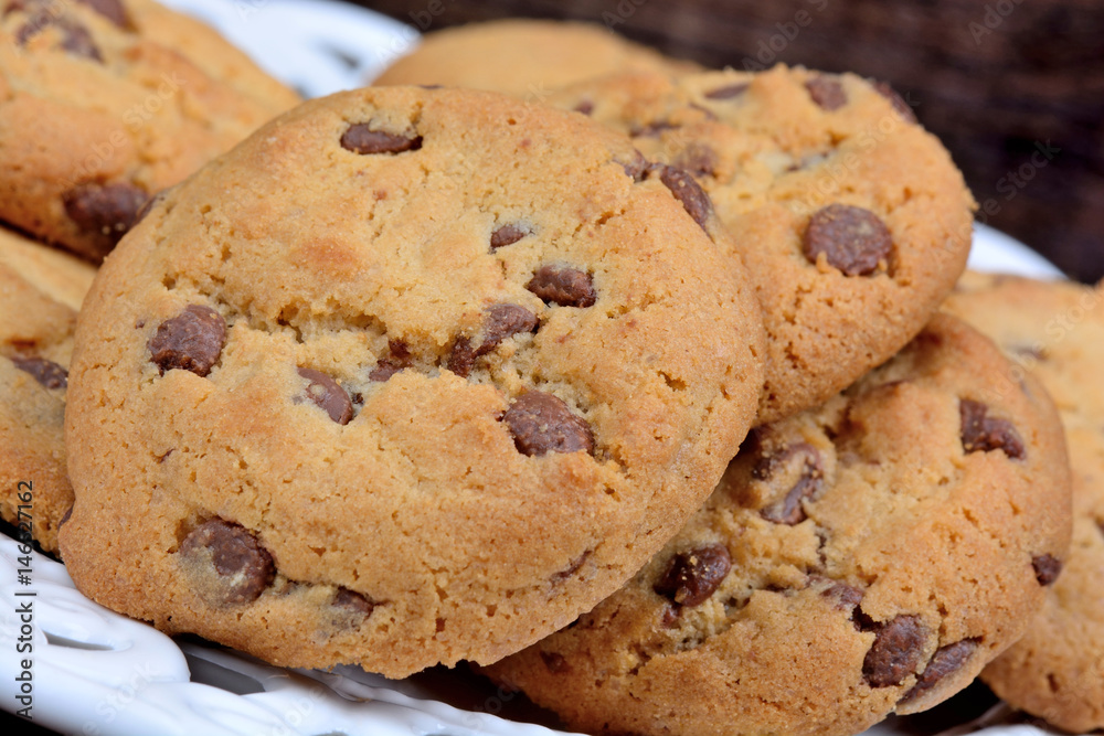 Sweet chocolate chip cookies on plate Sweet chocolate chip cookies on plate