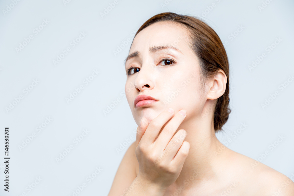 beauty girl who checks her skin, skin care, acne treatment beauty girl who checks her skin, skin care, acne treatment