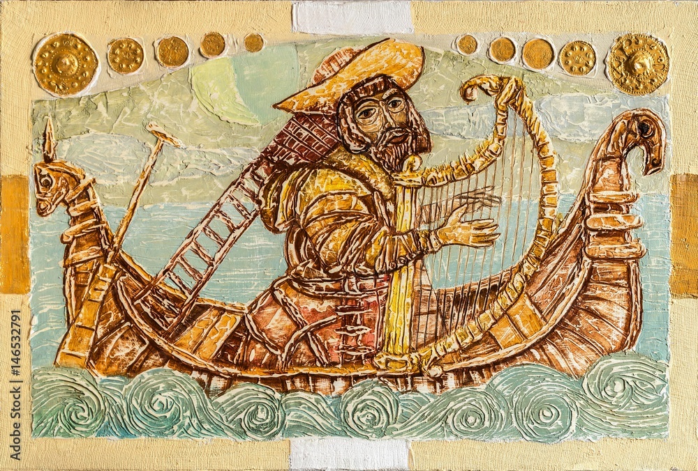 Obraz premium Gesso hand drawn illustration with a man on a boat with a harp on a yellow background