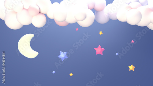 Cartoon night sky with clouds, moon and stars. Kids room decor idea. 3d rendering picture.