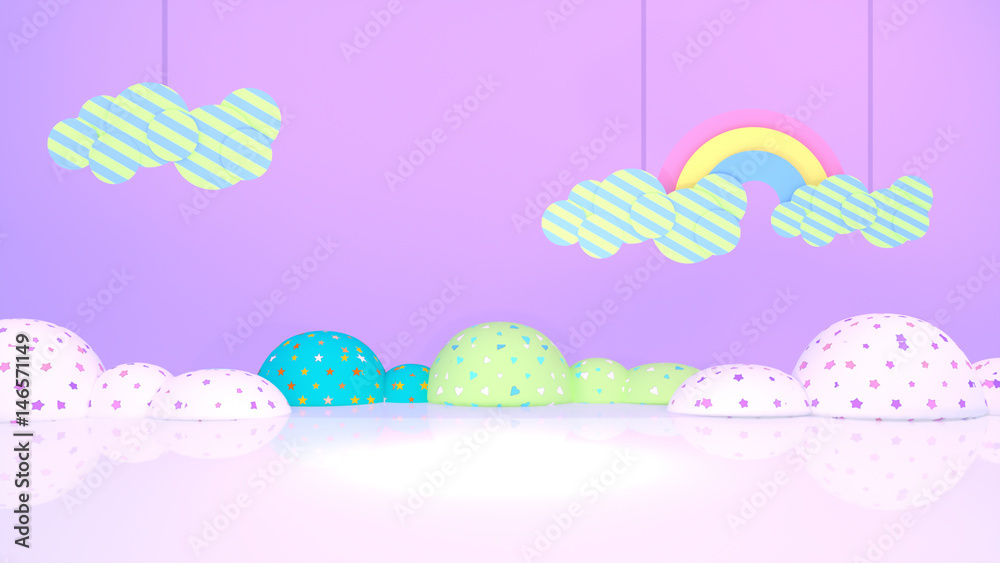 Kids playroom decorated with clouds and rainbow paper crafts. Bush shape stuffed pillows on the floor. Polished quartz floor. 3d rendering picture. Kids playroom decorated with clouds and rainbow paper crafts. Bush shape stuffed pillows on the floor. Polished quartz floor. 3d rendering picture.