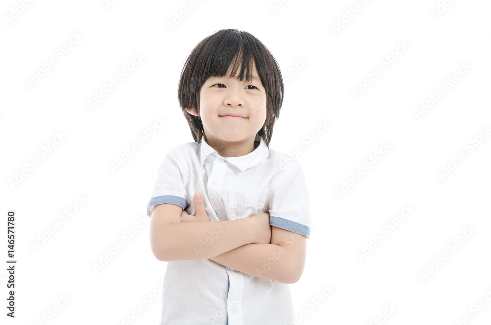 Asian child dreaming on white background Asian child dreaming on white background