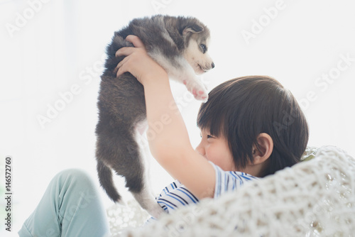 Cute asian child playing with siberian husky puppy