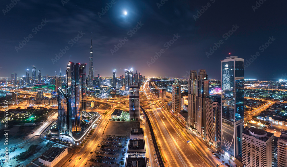 Dubai Downtown Towers With Shiekh Zayed Road in a one beautiful panoramic night view