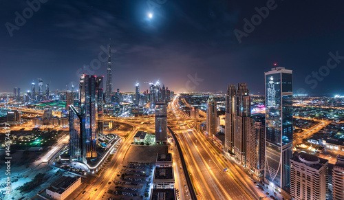 Dubai Downtown Towers With Shiekh Zayed Road in a one beautiful panoramic night view