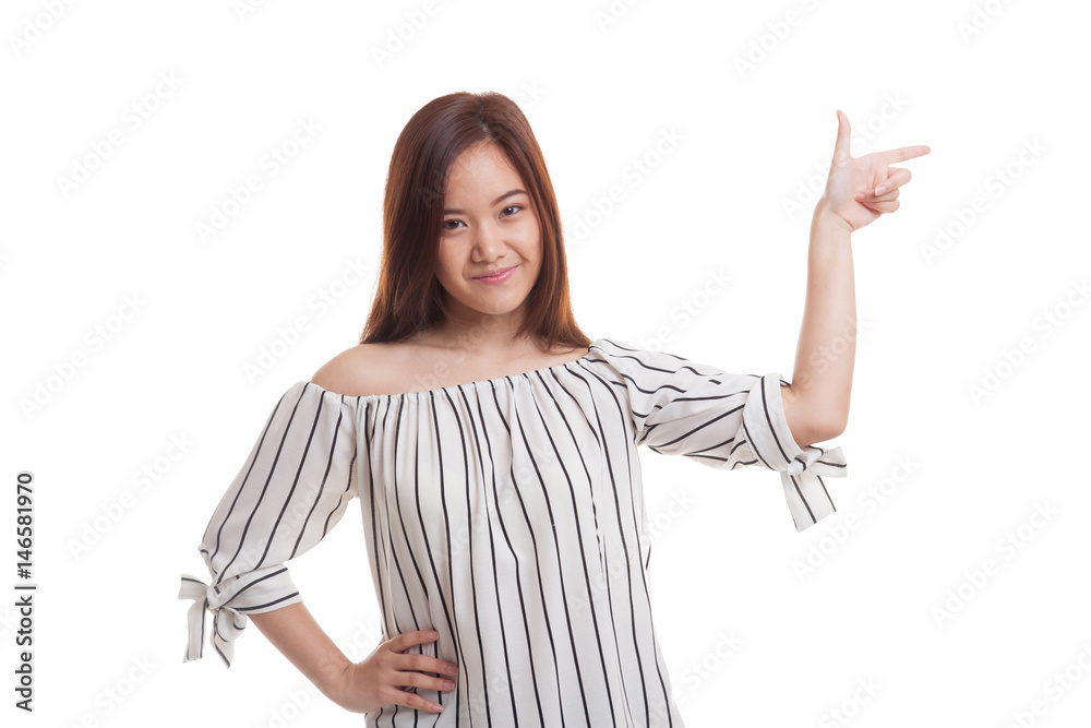 Young Asian woman smile and point. Young Asian woman smile and point.