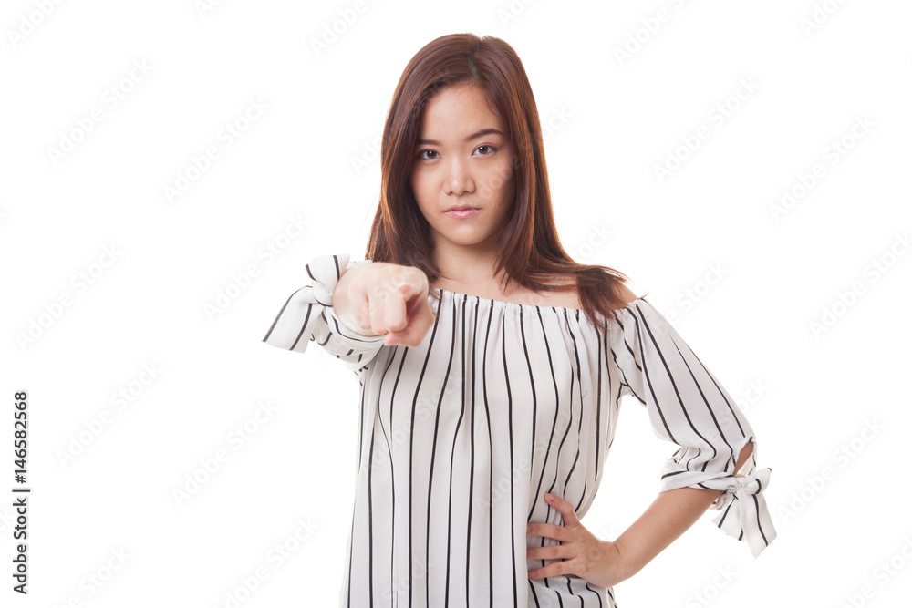 Young Asian woman angry and point to camera. Young Asian woman angry and point to camera.