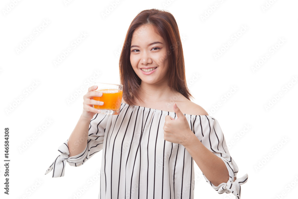 Young Asian woman thumbs up drink orange juice.