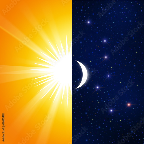 An abstract illustration of day and night with sun, stars and moon
