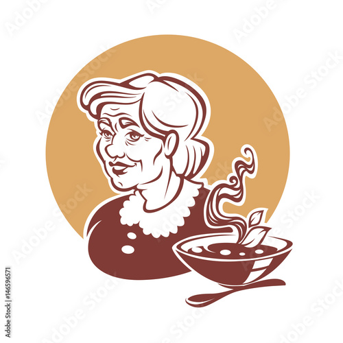 vector portrait of lovely grandmother and home made soup