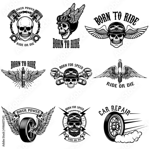 Set of biker emblems on white background. Racers skulls with wings. Car repair tools, pistons, wheels. Vector illustrations.