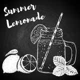 Hand drawn bottle with lemonade, lemons and mint leaves. Design elements for poster, menu, flyer. Vector illustration.