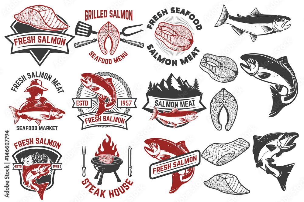 Salmon meat labels and badges. Seafood grill. Fish steak. Design elements for label, emblem, sign. Vector illustration