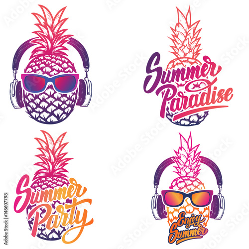Enjoy summer. Set of summer emblems. Pineapple with sunglases and headphones. Vector illustration.