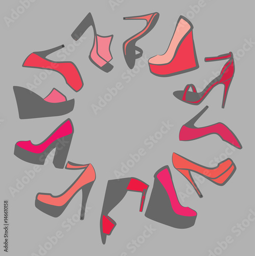 A circular set of pink women's shoes on a gray background