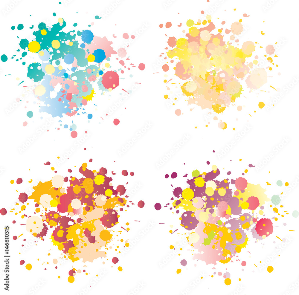 Multicolored splashes and stains of paint on white background