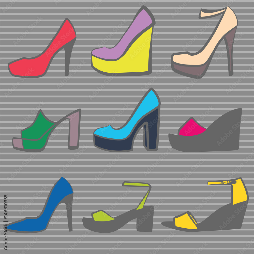 A set of multi-colored women's shoes on a gray background A set of multi-colored women's shoes on a gray background
